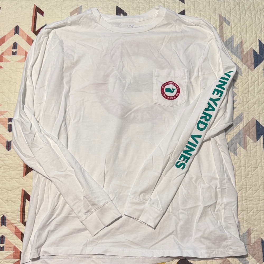 Vineyard Vines White Long Sleeve Pocket Tee with Teal Sleeve Logo